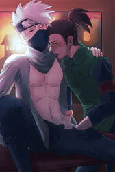 2boys artist_request biting biting_clothes brown_hair clothed_sex duo duo_focus erection gay hand_under_clothes hatake_kakashi indoors long_hair mask masked multiple_boys naruto naruto_(series) naruto_shippuden on_table one_eye_closed open_clothes open_pants penis penis_out ponytail precum precum_drip precum_on_penis scar scar_across_eye scarf short_hair silver_hair sitting spiky_hair spread_legs sunset sweat sweatdrop table umino_iruka wind yaoi