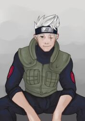 1boy bara bichikyu gay hatake_kakashi kakashi_hatake male male_focus male_only naruto pants shirt sitting smile solo teacher white_hair yaoi