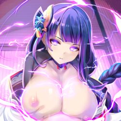 1boy1girl 1girls beauty_mark big_breasts breast_squeeze breasts electricity electro erection genshin_impact japanese_clothes lightning looking_at_viewer mole mole_under_eye nipples outercourse paizuri penis psyg2 purple_eyes purple_hair raiden_shogun shiki_(psychedelic_g2)