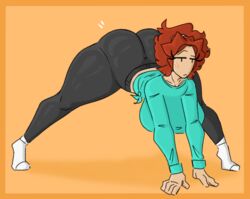 big_ass big_breasts freckles huge_ass legs_apart long_sleeves mae_(shewiff) mob_face ponytail red_hair shewiff shirt stretching thick_thighs yoga yoga_pants |_|