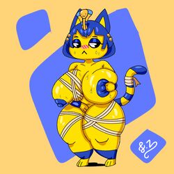 1:1 absurd_res animal_crossing ankha anthro areola ass big_breasts big_butt blue_hair bodily_fluids breasts curvy_figure domestic_cat felid feline felis female fur hair hi_res huge_breasts juki_zu mammal nintendo nipples nude simple_background solo thick_thighs video_games voluptuous wide_hips yellow_body