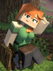 3d alex_(minecraft) axe beveledblock clothing commission female female_only green_eyes looking_up medium_breasts mine-imator minecraft nonude orange_hair original_character smile solo square_body weapon