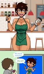 1boy 1girls angel_(greenlove) apron big_breasts blue_eyes chibi choker cleavage dark-skinned_female green_apron greenlove iced_latte_with_breast_milk kota_(greenlove) looking_at_viewer meme mole_on_breast mole_under_eye naked_apron original_character short_hair smile tomboy wide_hips