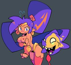 bacumng bacunng blue_eyes earrings embarrassed embarrassed_nude_female enf genie pointy_ears ponytail purple_hair ripped_clothing shantae shantae_(character) smooth_skin