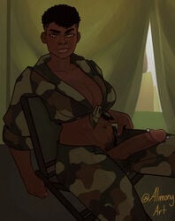 1futa abs alimony balls big_breasts big_penis breasts butch cleavage clothed clothing dark-skinned_futanari dark_skin erection futa_only futanari genital_piercing human looking_at_viewer military military_uniform mostly_clothed muscular muscular_futanari open_pants penis penis_out piercing seductive short_hair sitting smile solo spread_legs toned_futa yellow_eyes