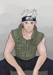 1boy bara bichikyu gay hatake_kakashi male male_focus male_only naruto sitting solo teacher vest white_hair yaoi