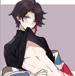 1boy abs androgynous biting_clothes black_hair blue_eyes brown_hair green_eyes lifting_shirt male_only male_solo midriff multicolored_hair muscular muscular_male navel nijisanji red_hair saegusa_akina solo teal_eyes virtual_youtuber wumumu