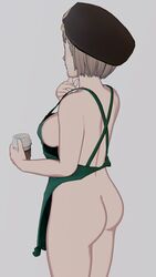 1girls 3d alternate_version_available apron ass back back_view bare_back big_ass blue_eyes blue_nails breasts emilyblend34 fire_emblem fire_emblem:_three_houses hat holding_cup holding_object iced_latte_with_breast_milk large_breasts meme mercedes_von_martritz nail_polish naked_apron nintendo post-timeskip short_hair sideboob solo