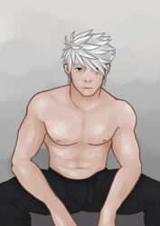 1boy anbu_(naruto) bara bichikyu gay hatake_kakashi kakashi_hatake male male_focus male_only masked masked_male naruto shirtless sitting solo teacher white_hair yaoi