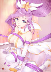 bed big_breasts blue_eyes bondage candy clothed clothing covered_nipples darklux erect_nipples gloves janna_windforce league_of_legends long_hair looking_at_viewer nipples_visible_through_clothing pink_hair pointy_ears shoes star_guardian_janna star_guardian_series thighhighs tied_up tissue_box wariza