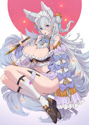 1girls animal_ears armpits bare_ass bare_legs bare_midriff bare_shoulders breasts ear_covers female_only flowing_hair frills full_body garter_straps gold_(metal) hair_between_eyes hair_bun knees_up knife large_breasts long_sleeves long_socks maid maid_headdress maid_uniform navel navel_line open_clothes open_mouth particles_(artist) purple_eyes ribbon ribbon-trimmed_sleeves ribbon_in_hair ribbons shoes skirt solo solo_female stars tagme white_hair