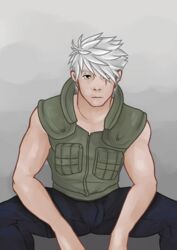 1boy bara bichikyu gay hatake_kakashi male male_focus male_only masked masked_male naruto sitting solo teacher vest white_hair yaoi