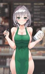 1girls 2021 absurdres apron barista big_breasts breasts cleavage female female_focus female_only green_apron highres hololive hololive_fantasy hololive_japan iced_latte_with_breast_milk looking_at_viewer meme naked_apron shirogane_noel solo solo_female solo_focus virtual_youtuber wersman