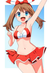 :d blue_eyes bra brown_hair may_(pokemon) may_(pokemon_oras) pokemon pokemon_oras skirt smile source_deleted yuihico