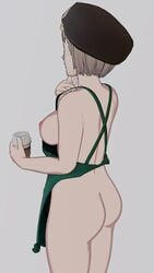 1girls 3d alternate_version_available apron ass back back_view bare_back big_ass blue_eyes blue_nails breasts breasts_out emilyblend34 fire_emblem fire_emblem:_three_houses hat holding_cup holding_object iced_latte_with_breast_milk large_breasts meme mercedes_von_martritz nail_polish naked_apron nintendo nipples post-timeskip short_hair sideboob solo