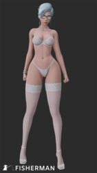 3d big_breasts blender bra bracelet earrings elise_(tyviania) female female_only fisherman glasses high_heels light-skinned_female light_skin lingerie necklace short_hair stockings tyviania watermark white_bra white_hair white_high_heels white_lingerie white_stockings