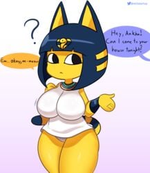 1girls 2021 animal_crossing ankha anthro big_breasts breasts egyptian feline female female_only nintendo startop tail text thick_thighs thighs watermark yellow_body