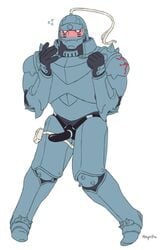 1boy 5_fingers alphonse_elric armor blush dildo flying_sweatdrops fullmetal_alchemist grey_body living_armor male male_only male_wearing_strapon metal metallic_body sex_toy solo strap-on strapon sweat tinynsfw