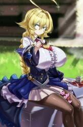 1futa ahoge blacktan blazblue blazblue:_central_fiction blonde_hair blue_eyes blurry_background braid breast_table breasts censored clothed clothing es_(xblaze) expressionless food futa_only futanari heart_censor horny huge_breasts huge_cock human leggings light-skinned_futanari light_skin long_hair mostly_clothed outdoors outside pale_skin pantyhose penis penis_under_clothes pudding pudding_on_breasts see-through sitting solo xblaze