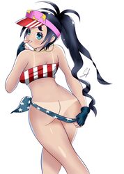 1girls 2019 american_flag_bikini aqua_eyes ass ass_focus big_ass bikini clenched_teeth dark_blue_hair finger_in_mouth hat looking_at_viewer looking_back metal_slug metal_slug_attack panties_down ponytail rita_lewensky sakef seductive simple_background snk summer white_background