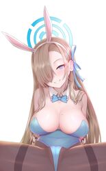 1girls 2021 asuna_(blue_archive) asuna_(bunny)_(blue_archive) big_breasts blue_archive blue_leotard breasts bunny_ears cameltoe covered_navel covered_nipples covered_pussy female female_focus female_only hair_over_one_eye leotard looking_at_viewer millennium_science_school_student nikuku_(kazedesune) pantyhose simple_background smile smiling solo solo_female solo_focus spread_legs white_background