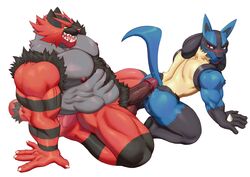 2021 abs absurd_res adios all_fours anthro anthro_on_anthro ass balls bara big_muscles big_penis blush bodily_fluids body_hair duo erection flameless_incineroar gay genital_fluids genitals happy_trail hi_res hot_dogging humanoid_genitalia humanoid_penis incineroar kneeling looking_back lucario male male/male male_only muscular muscular_anthro muscular_male nintendo nipples nude obliques open_mouth open_smile pecs penis pokemon pokemon_(species) precum pubes simple_background smile spikes spikes_(anatomy) sweat sweatdrop teeth tongue vein video_games white_background yaoi