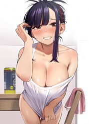 1girls bangs beer big_breasts blush breasts brown_eyes cleavage drunk female female_focus hairclip igarashi_kyouhei indoors large_breasts leaning_forward light-skinned_female light_skin looking_at_viewer original purple_hair sidelocks