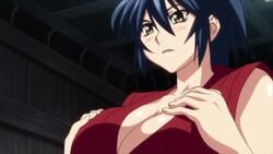 1girls 2d animated blue_hair breasts cleavage clothed female hoods_entertainment huge_breasts large_breasts manyuu_chifusa manyuu_hikenchou mp4 no_sound screencap solo solo_female video