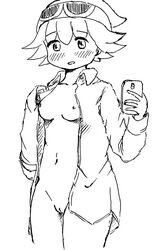 1girls amitie blush breasts open_mouth phone_in_hand pussy puyo_puyo puyo_puyo_fever sega sketch solo