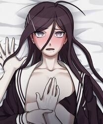 2girls blush breasts danganronpa danganronpa_ultra_despair_girls female_only female_pov fukawa_touko heavy_blush looking_at_viewer lying lying_on_back multiple_girls naegi_komaru on_bed open_shirt pov pov_eye_contact purple_eyes purple_hair small_breasts smooth_skin yumemi9603 yuri