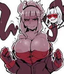 2demons 2girls big_breasts cleavage clothed clothing demon demon_girl examtaker female female_only fully_clothed helltaker horns horu humanoid imminent_sex large_breasts light_skin loremaster_(helltaker) lucifer_(helltaker) multiple_girls nipples pale_skin red-tinted_eyewear standing sunglasses sweat sweaty_breasts tagme tentacle tinted_eyewear visor white_eyebrows white_hair white_horns