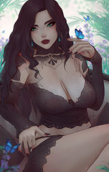 arm_tattoo black_hair black_nail_polish blurry blurry_background breasts butterfly chest_tattoo earrings female gothic green_eyes jewelry large_breasts lingerie lipstick long_hair nail_polish original sagging_breasts shoulder_tattoo solo soranamae tattoo wavy_hair