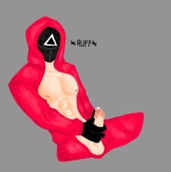 1boy 2021 abs black_gloves black_mask cum cumming gloves hand_on_penis huff male male_only mask masturbation netflix nipples penis pink_guard simple_background soldier solo squid_game triangle_(squid_game) unzipped_bodysuit white_skin