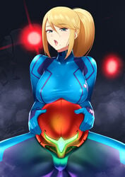 alternate_breast_size armor bangs blonde_hair blue_bodysuit blue_eyes blue_gloves blush bodysuit breasts covered_navel dark_background e.m.m.i eyebrows_visible_through_hair female gloves gluteal_fold hair_between_eyes headwear_removed helmet helmet_removed helmet_with_visor highres large_breasts lens_flare lipstick long_hair makeup metroid metroid_dread mole mole_under_eye nintendo open_mouth pink_lips ponytail samus_aran sawasa sidelocks signature skin_tight solo_focus spread_legs swept_bangs thick_thighs thighs varia_suit_helmet zero_suit zero_suit_samus