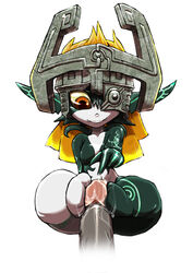 fangs female_focus footjob hokku_(artist) imp_midna interspecies midna orange_hair pointing pointing_at_penis pointy_ears red_eyes the_legend_of_zelda twili twilight_princess white_background