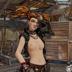 blender borderlands borderlands_3 breasts casual cybernetics gaige_(borderlands) gloves green_eyes middlemansfm no_bra no_shirt orange_hair robotic_arm vest white_skin