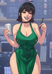 1girls apron barista black_hair casual cirenk clothing fast_food female front_view hotel_transylvania huge_breasts humanoid iced_latte_with_breast_milk lactating lactation lactation_through_clothes light-skinned_female light_skin looking_at_viewer mavis_dracula meme milf mother neckwear outerwear pale_skin public short_hair starbucks thick_thighs thunder_thighs uniform vampire wide_hips