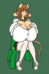 1girls bangs bob_cut boots breasts_bigger_than_ass brown_eyes brown_hair collar cow_ears cow_girl cow_tail disturbedmonkey embarrassed fonkimonki froggy_chair horns hyper hyper_breasts kemonomimi liza_(disturbedmonkey) liza_(fonkimonki) looking_away looking_back looking_down looking_to_the_side minishorts pressing_breasts_together shirt thighhighs thin_waist