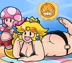 2girls angry_sun ass ass_cleavage beach big_ass big_breasts big_butt bikini black_bikini black_eyes blonde_hair breasts butt_crack crown fat_ass light-skinned_female light_skin mario_(series) multiple_girls nintendo paper_mario paper_peach pink_bikini princess_peach smile sun sunglasses sunglasses_on_head superspoe tagme toadette