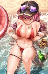 1girls 2021 :p absurdres beach beer_bottle breasts dainana_sugune eyewear_on_head female female_focus female_only glasses hat heart_glasses heterochromia highres hololive hololive_fantasy hololive_japan houshou_marine large_breasts red_eyes red_hair sand skull_cup solo solo_female solo_focus swimsuit tongue tongue_out virtual_youtuber water yellow_eyes