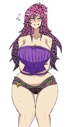 1girls blush booty_shorts diavolo doppios_sweater green_eyes jojo's_bizarre_adventure looking_pleasured mannungei pink_hair pussy_juice rule_63 smile solo sweat sweater tagme vento_aureo white_background wide_hips