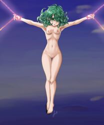 1girls absurdres angry arm_up armpits barefoot bound bound_wrists breasts captured deep_armpits female glowing green_eyes green_hair highres looking_at_viewer luizhtx navel nipples nude one-punch_man outstretched_arms pussy restrained short_hair small_breasts smile solo tatsumaki thigh_gap