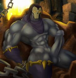 1boy abs balls bare_chest bare_shoulders bare_thighs biceps big_balls big_penis chains darksiders darksiders_2 death_(darksiders) detailed_background dungeon erect erect_penis erection gauntlets glowing_eyes grey_body grey_skin grim_reaper horseman lava long_penis male male_focus male_only mask masked masked_male mostly_nude muscular muscular_male muscular_thighs nephilim orange_eyes penis purple_scarf scarf skull_mask sole_male solo_male straight_hair testicles triceps volcanic_setting