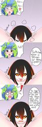 2girls black_hole_chan blush cunnilingus earth-chan horny_sub legs_held_open m87_black_hole misanthropy multiple_girls short_hair speech_bubble tagme unhappy_female yuri