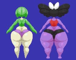 2girls a-pose a_pose back_view big_ass blue_background bottom_heavy bottomwear female female_focus female_only gardevoir gothitelle huge_ass large_ass pixel_art pokémon_(species) pokemon pokemon_(game) pokemon_(species) pokemon_bw pokemon_only pokemon_rse rear_view red_topwear spinneborg thick_thighs topless_female yoga_shorts