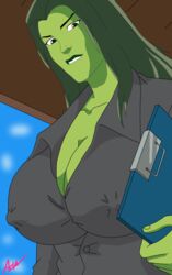 1girls andru2000 big_breasts biting_own_lip business_suit cleavage female female_only green_eyes green_hair green_skin huge_breasts hulk_(series) large_breasts marvel marvel_animated_universe marvel_comics nipple_bulge no_bra office_clothing pokies she-hulk solo suit the_avengers:_earth's_mightiest_heroes