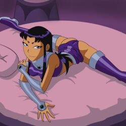 1girls 2d accurate_art_style alien alien_girl alien_humanoid alien_look_like_human ass big_ass blackfire dc female female_only komand'r laying_on_bed laying_on_stomach panties purple_panties splits spread_legs straight_hair stuff18over tan-skinned_female tan_skin teen_titans