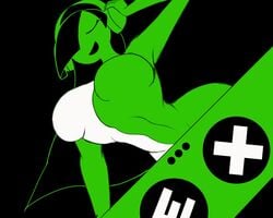 big_breasts black_background black_hair closed_eyes desiredelta dj dj_exit_(minus8) green_skin headphones stealth_sex