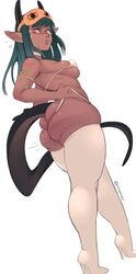 1girls chubby chunky clothing_too_small crying dark_skin demon demon_girl demon_tail elf_ears female_only green_hair high_heels horns lizard_tail medium_breasts ortamaw pointy_ears pulling_clothing pulling_panties red_eyes shiny_skin solo solo_female spill spillage stockings succubus tail tanned tanned_skin tears thick_thighs thighhighs tsundere wide_hips