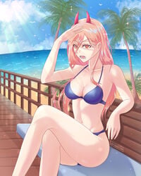 1girls beach bikini blonde_hair chainsaw_man demon_girl demon_horns eye_contact eyebrows_visible_through_hair female female_only horns light-skinned_female light_skin looking_at_viewer outside power_(chainsaw_man) solo thick_thighs thighs wonnikon